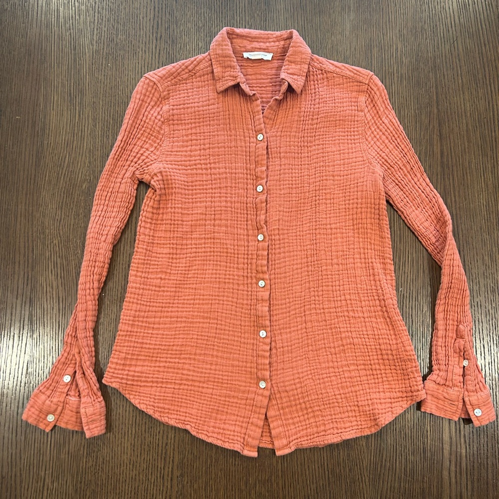 beachlunchlounge Airy Gauzy Textured Button-Down Shirt - Rust